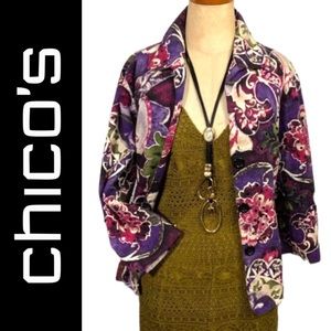 Chico's Multicolor Floral Graphic Print Sequin Embellished Button Front Jacket-1